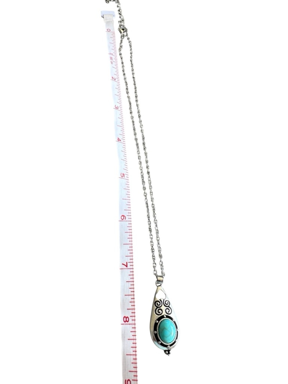 Native American Inspired Silver & Turquoise Engraved Pendant Adjustable Necklace - Picture 5 of 6